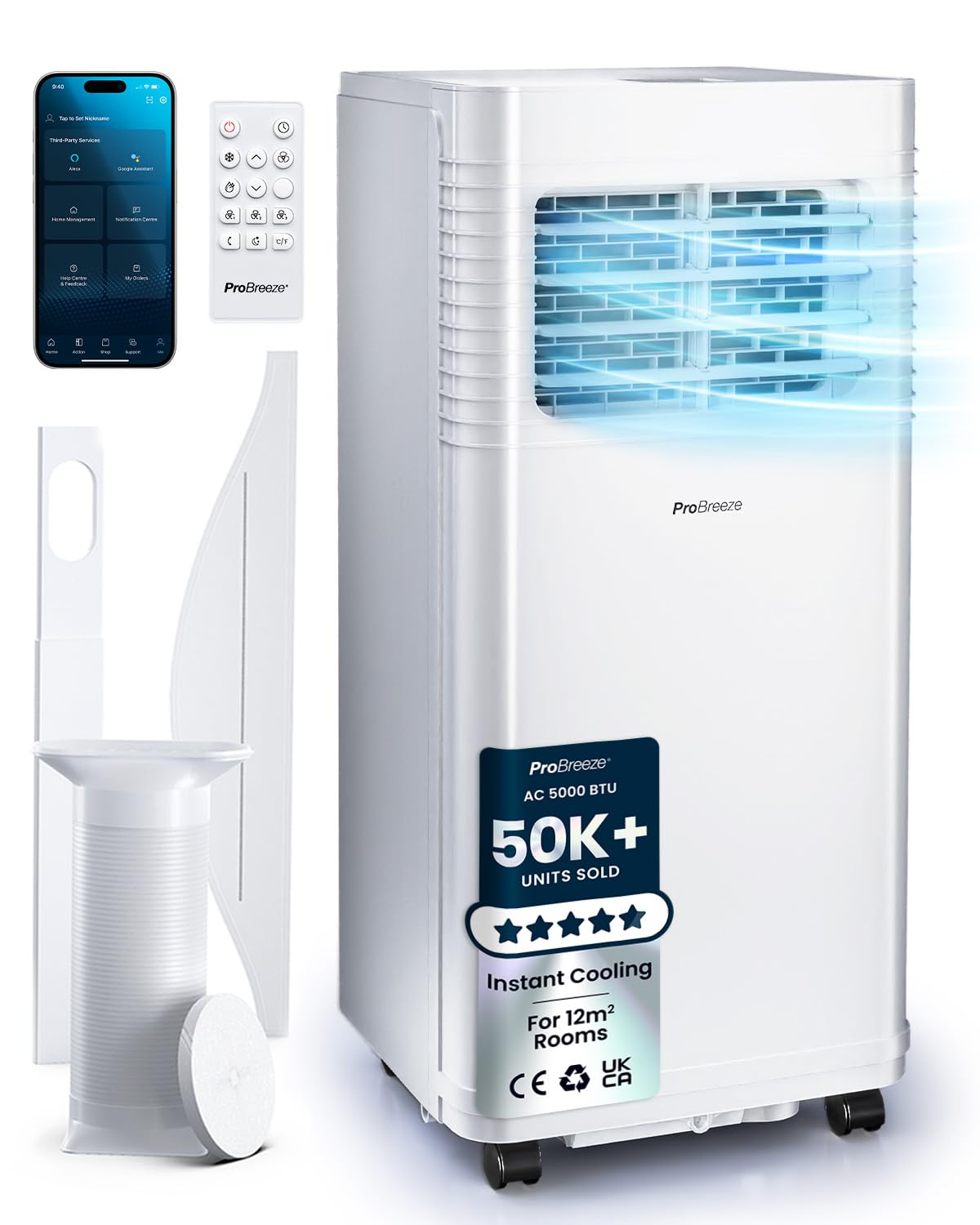 Pro Breeze 4-in-1 Portable Air Conditioner 7000 BTU with Remote Control, 24 Hour Timer & Dual Window Venting Kit Included. Powerful Air Conditioning Unit with Class A Energy Efficiency Rating