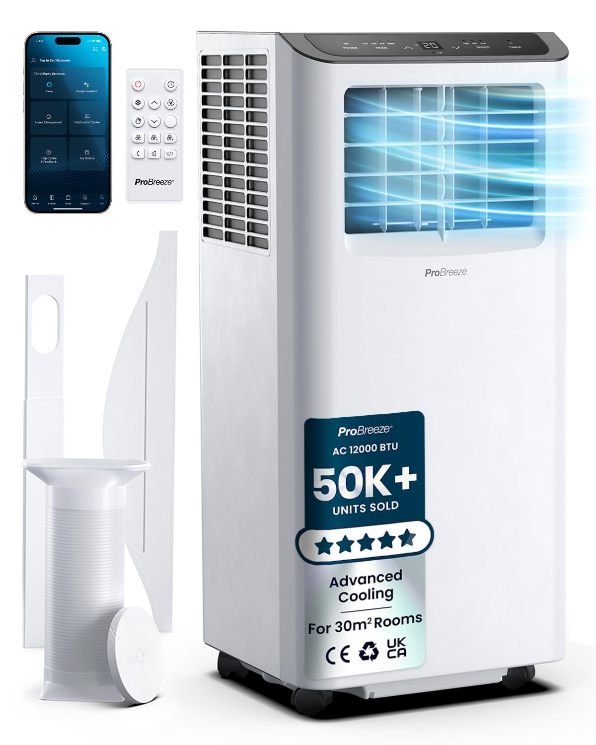 Pro Breeze 4-in-1 Portable Air Conditioner 7000 BTU with Remote Control, 24 Hour Timer & Dual Window Venting Kit Included. Powerful Air Conditioning Unit with Class A Energy Efficiency Rating