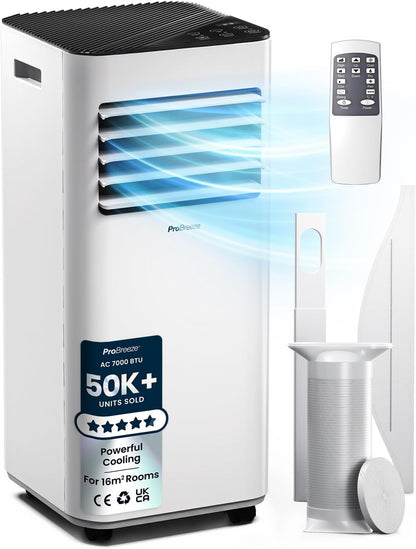Pro Breeze 4-in-1 Portable Air Conditioner 7000 BTU with Remote Control, 24 Hour Timer & Dual Window Venting Kit Included. Powerful Air Conditioning Unit with Class A Energy Efficiency Rating
