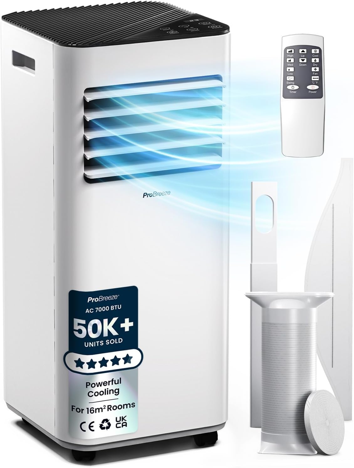 Pro Breeze 4-in-1 Portable Air Conditioner 7000 BTU with Remote Control, 24 Hour Timer & Dual Window Venting Kit Included. Powerful Air Conditioning Unit with Class A Energy Efficiency Rating