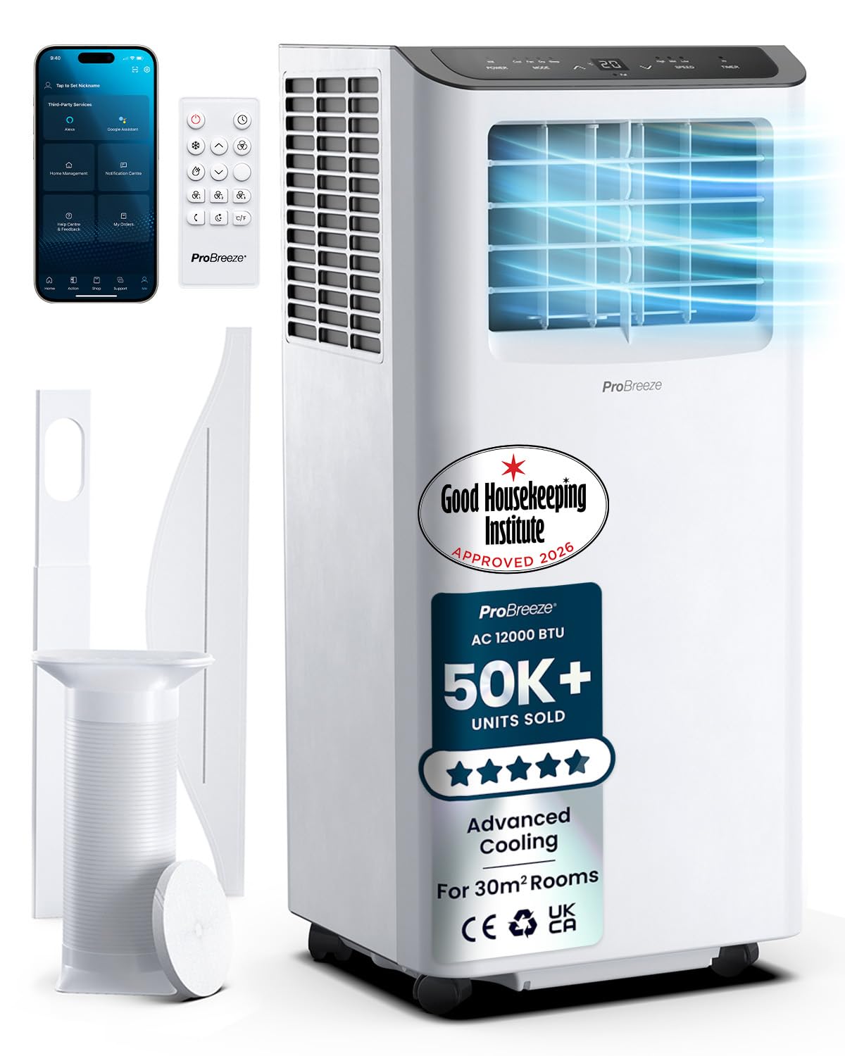 Pro Breeze 4-in-1 Portable Air Conditioner 7000 BTU with Remote Control, 24 Hour Timer & Dual Window Venting Kit Included. Powerful Air Conditioning Unit with Class A Energy Efficiency Rating