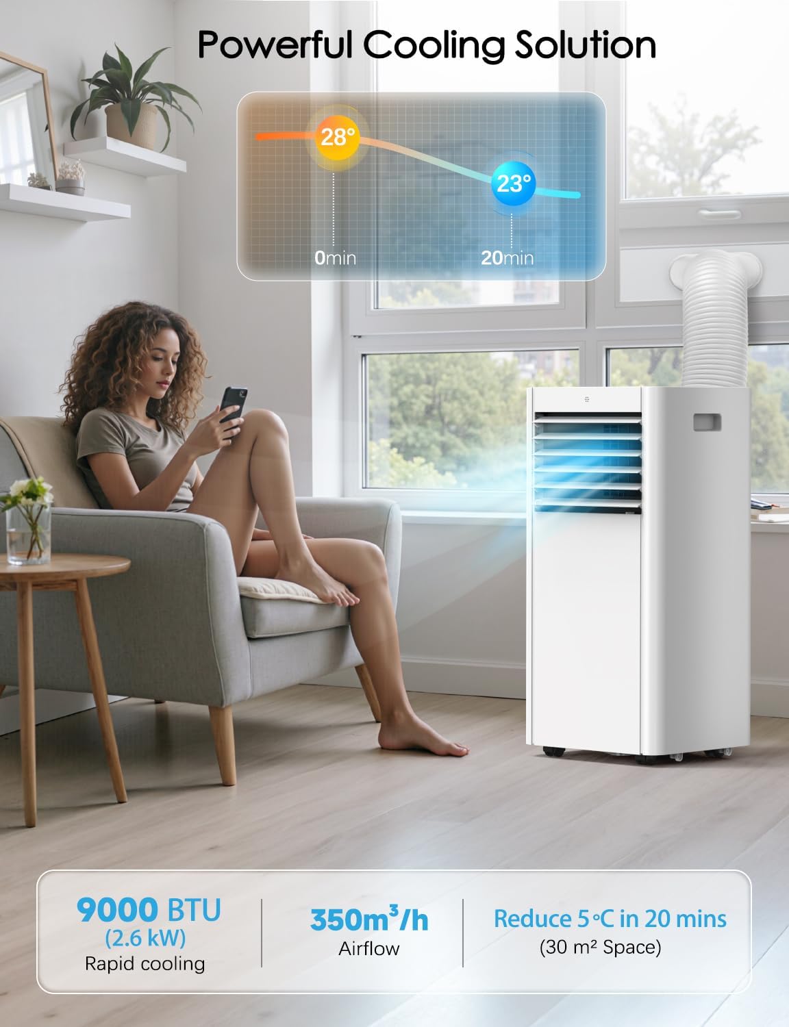 Air Conditioning Unit, 9000 BTU Portable Air Conditioner with 4 IN 1 Cool- Dry - Fan- Sleep Mode, Fast Cooling AC Unit with Timer & Lock for Home/Bedroom/Flat up to 35 m², Dual Control & Window Kit