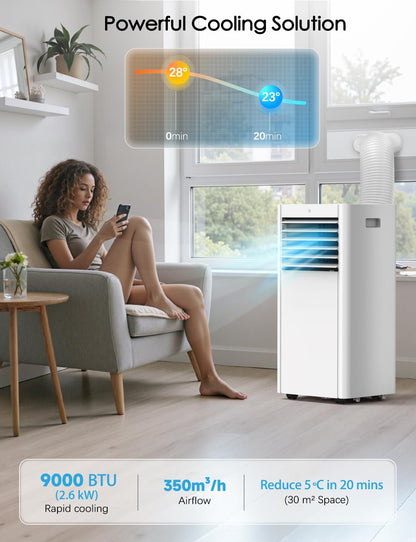 Air Conditioning Unit, 9000 BTU Portable Air Conditioner with 4 IN 1 Cool- Dry - Fan- Sleep Mode, Fast Cooling AC Unit with Timer & Lock for Home/Bedroom/Flat up to 35 m², Dual Control & Window Kit