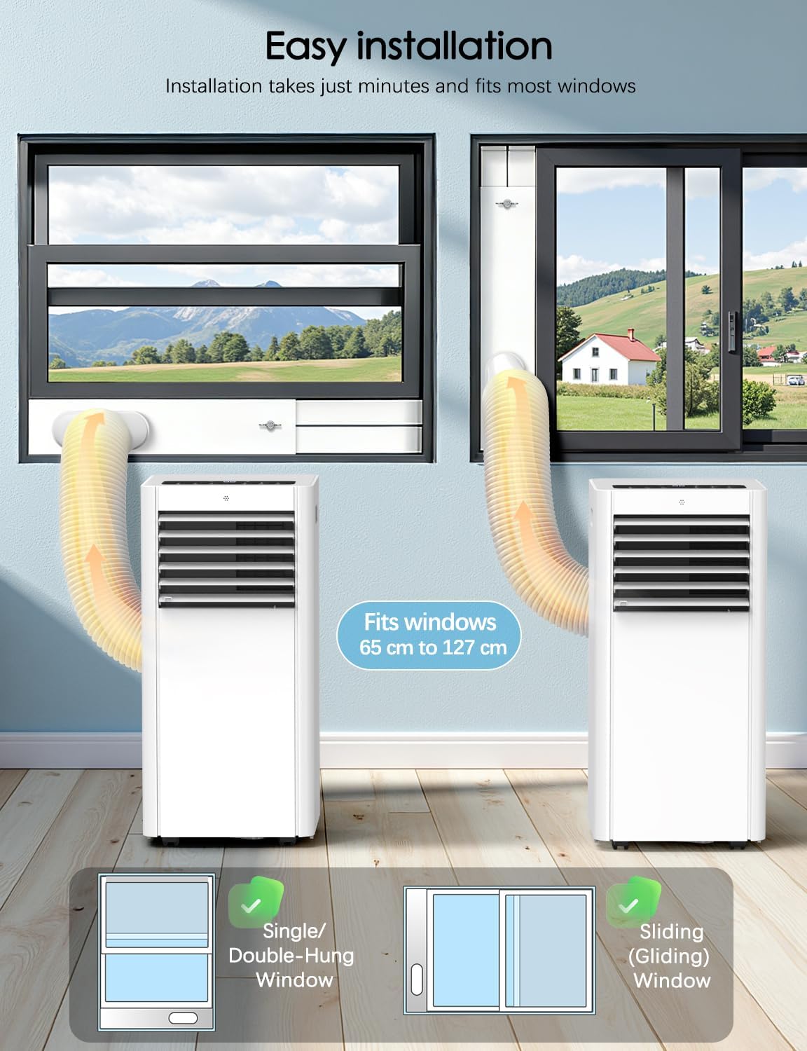 Air Conditioning Unit, 9000 BTU Portable Air Conditioner with 4 IN 1 Cool- Dry - Fan- Sleep Mode, Fast Cooling AC Unit with Timer & Lock for Home/Bedroom/Flat up to 35 m², Dual Control & Window Kit