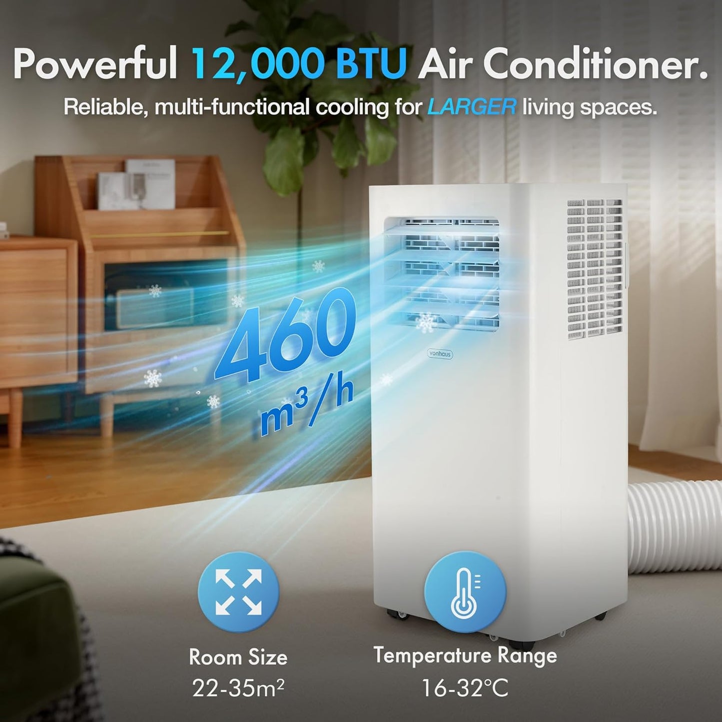 VonHaus Air Conditioning Unit 12000 BTU – WiFi, Smart Portable Air Conditioner Enabled with Alexa/Google Home, Window Venting Kit, Remote Control, 4 Modes, 3 Speeds, 24hr Timer, Wheels, Carry Handle