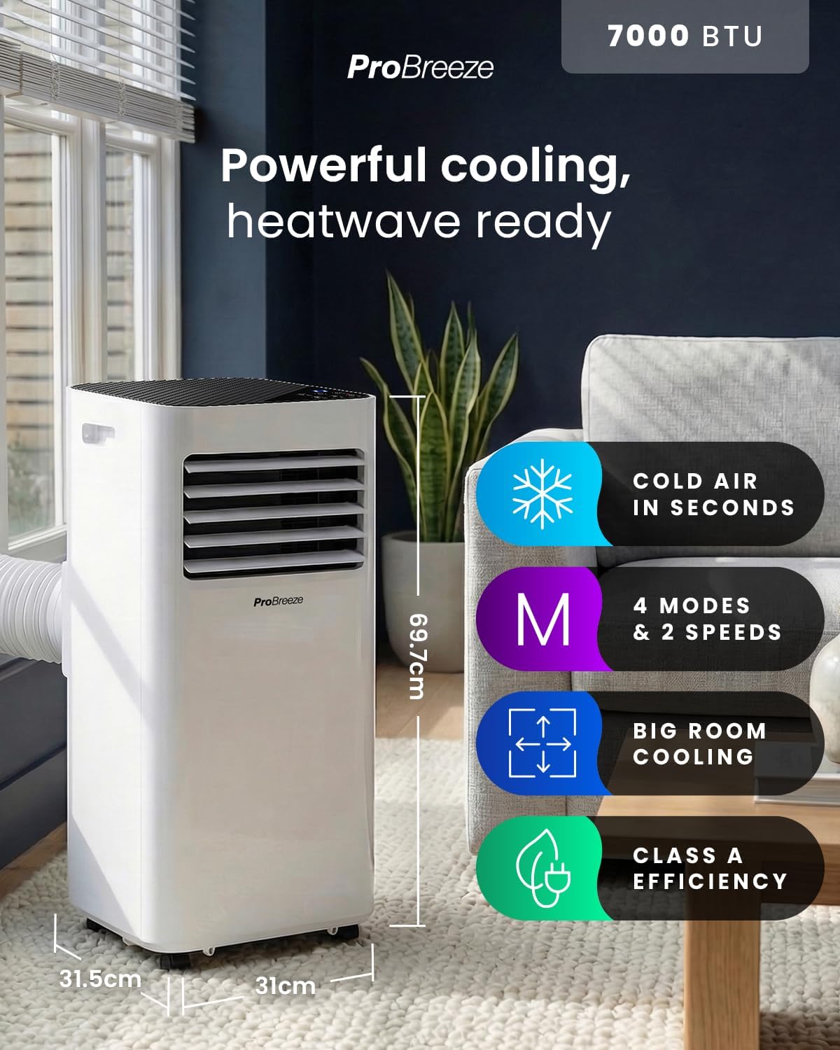 Pro Breeze 4-in-1 Portable Air Conditioner 7000 BTU with Remote Control, 24 Hour Timer & Dual Window Venting Kit Included. Powerful Air Conditioning Unit with Class A Energy Efficiency Rating