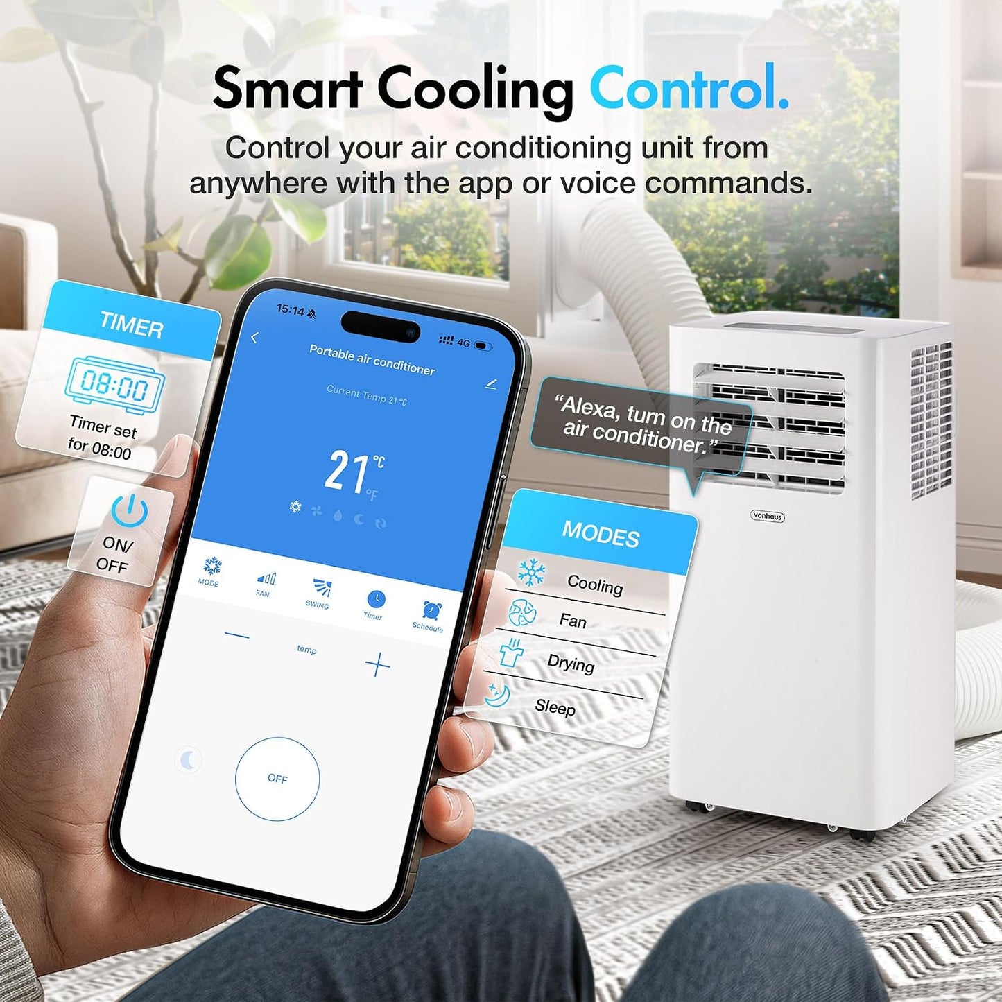VonHaus Air Conditioning Unit 12000 BTU – WiFi, Smart Portable Air Conditioner Enabled with Alexa/Google Home, Window Venting Kit, Remote Control, 4 Modes, 3 Speeds, 24hr Timer, Wheels, Carry Handle