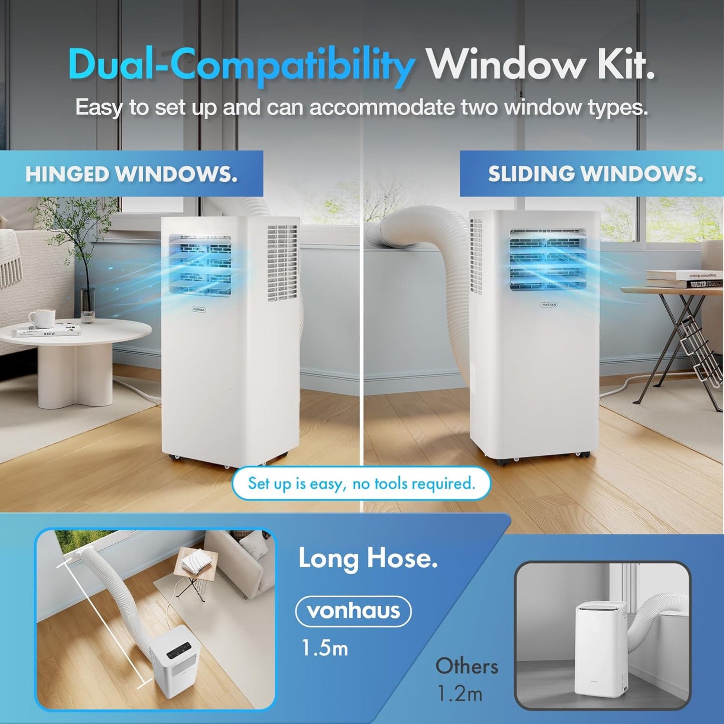 VonHaus Air Conditioning Unit 12000 BTU – WiFi, Smart Portable Air Conditioner Enabled with Alexa/Google Home, Window Venting Kit, Remote Control, 4 Modes, 3 Speeds, 24hr Timer, Wheels, Carry Handle