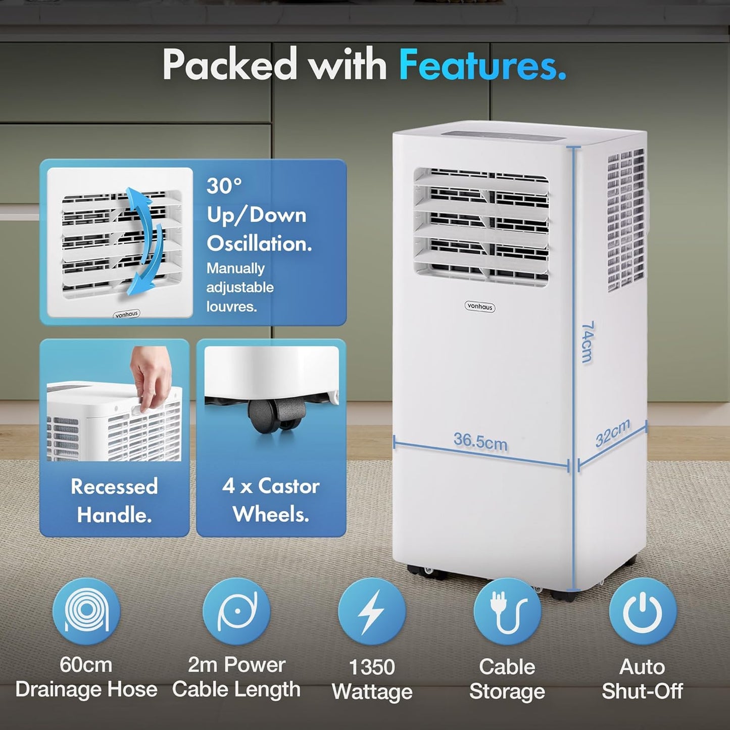 VonHaus Air Conditioning Unit 12000 BTU – WiFi, Smart Portable Air Conditioner Enabled with Alexa/Google Home, Window Venting Kit, Remote Control, 4 Modes, 3 Speeds, 24hr Timer, Wheels, Carry Handle